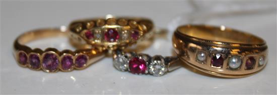 Victorian ruby & diamond-set ring, another ruby & diamond 3-stone ring, ruby & pearl gyspy-set ring & ruby 5-stone ring (4, 18ct)